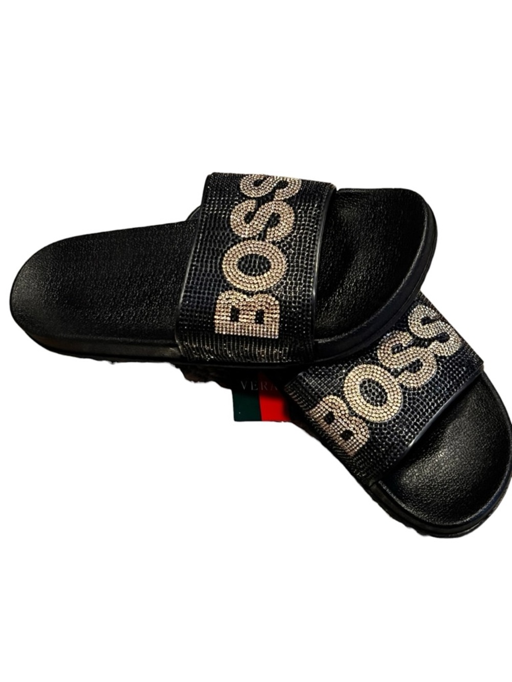 Vera Designs Women’s BOSS Black / Champagne Rhinestone Slide Sandals